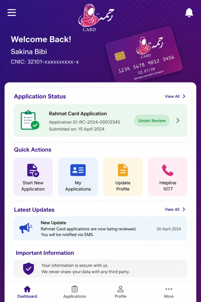 CM Punjab Rehmat Card dashboard showing application status