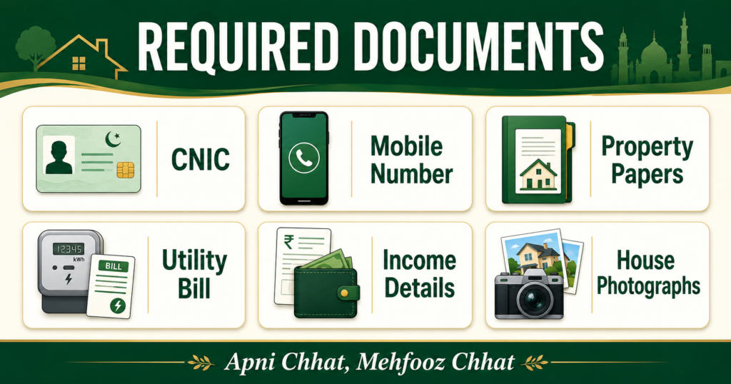 Documents required for Apni Chhat Mehfooz Chhat registration